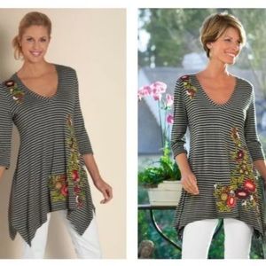 Soft Surroundings striped floral embroidered tunic stretch